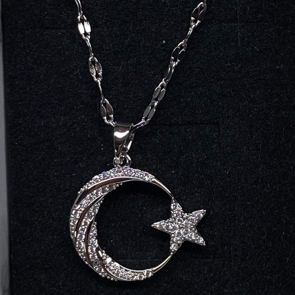 Sterling Silver Crescent Moon and Star Pendant Necklace